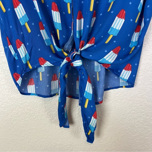 Tipsy Elves WOMEN'S Blue GRAND FINALE TIE-FRONT SHIRT Popsicle Print Size Small - Picture 5 of 9